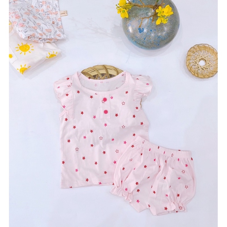 Bộ mặc nhà bé gái chất liệu cotton, tay cánh tiên, quần bom chun xinh xắn