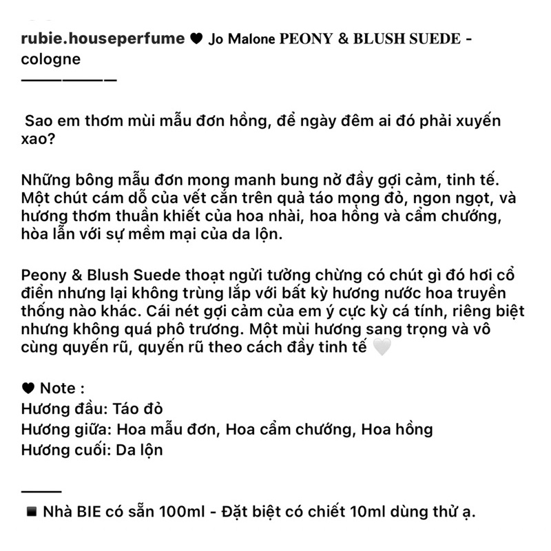 JO PEONY &amp; BLUSH SUEDE - Cologne - 10ML Nước Hoa Chính Hãng