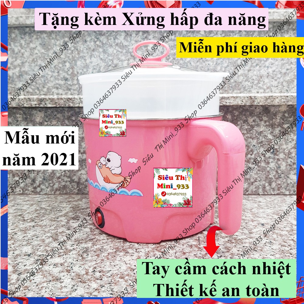 Ca nấu mì mini đa năng siêu tốc Có Kèm Lồng Hấp đường kính 18cm 1,8 lít kiêm ca nấu lẩu nắp kính cường lực