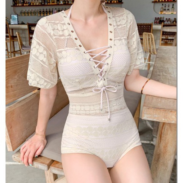 (Cao cấp - Video) Bikini liền thân ren trắng hàng QC cao cấp đủ size nâng ngực