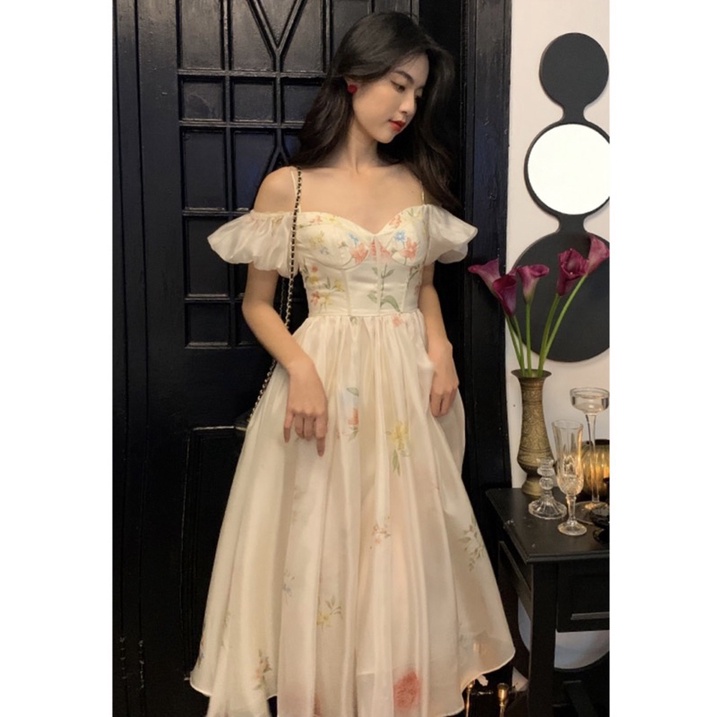 Đầm maxi hoa trễ vai tay phồng tiểu thư Hàn quốc sang chảnh thắt nơ lưng, váy maxi hoa đi biển