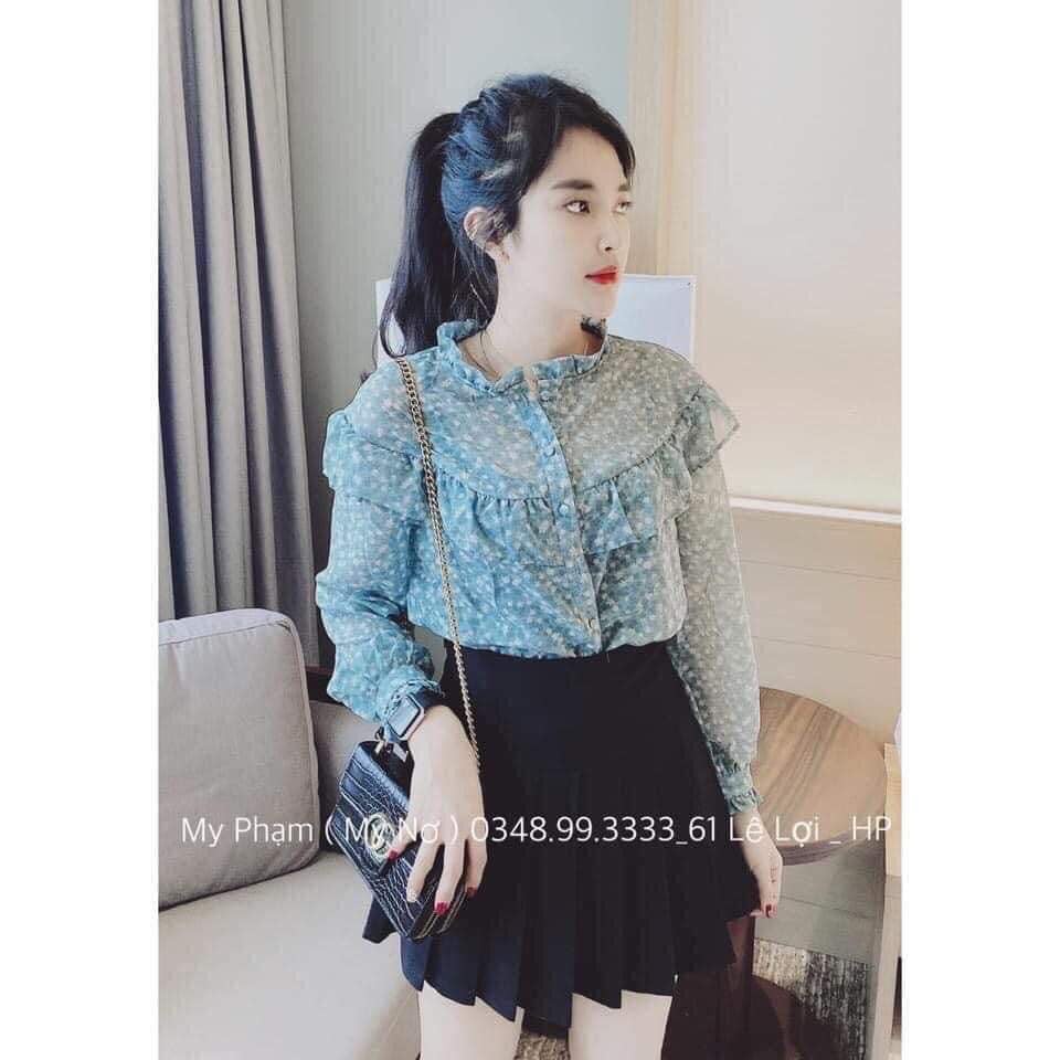 Áo sơ mi ,áo sơ mi nữ công sở voan tơ bèo ngực màu xanh hoa nhí nhẹ nhàng, sang chảnh