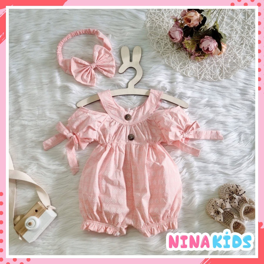 Jumpsuit cho bé sơ sinh kèm băng đô - Màu hồng nhạt hoa trắng - Size 3 đến 13kg