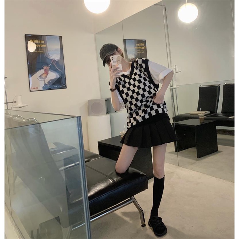 Áo Len Không Tay Cổ Chữ V Dáng Rộng Họa Tiết Caro Kiểu Hàn Quốc Thời Trang Mùa Hè Mới 2021 Cho Nữ