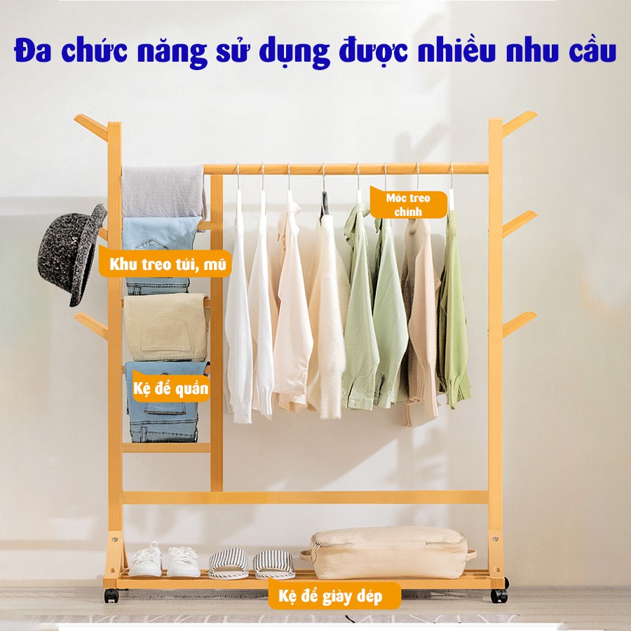 Giá treo quần áo thông minh bằng gỗ tre tự nhiên Vango V5, Giá phơi quần áo đa năng, hiện đại, sang trọng