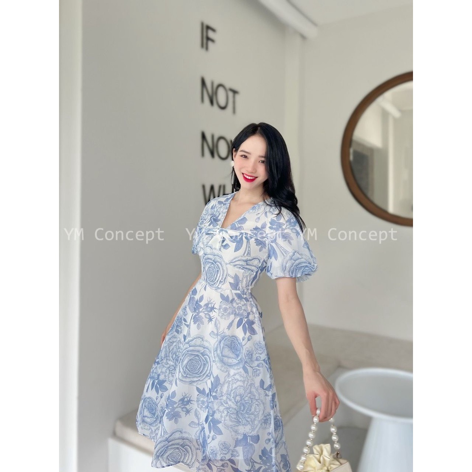 Đầm Hoa Nhún Ngực Tay Phồng - D0599