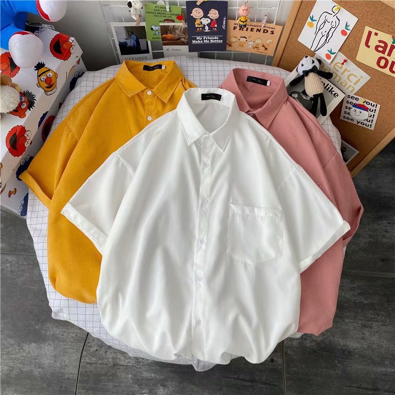 Summer Korean style solid color loose short-sleeved shirt for men