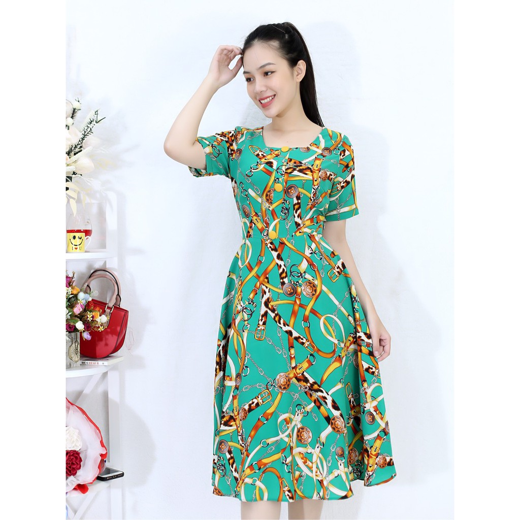 Đầm Xòe MÀU XANH HỌA TIẾT XINH XẮN VINTAGE sang chảnh - Vải von hàn cao cấp quý tộc