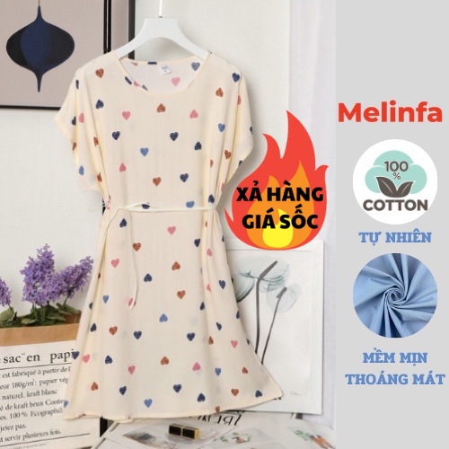 Váy ngủ ngắn tay vải Cotton lụa tự nhiên thoáng mát mềm mịn, đầm ngủ nữ mùa hè freesize mã VAV0223