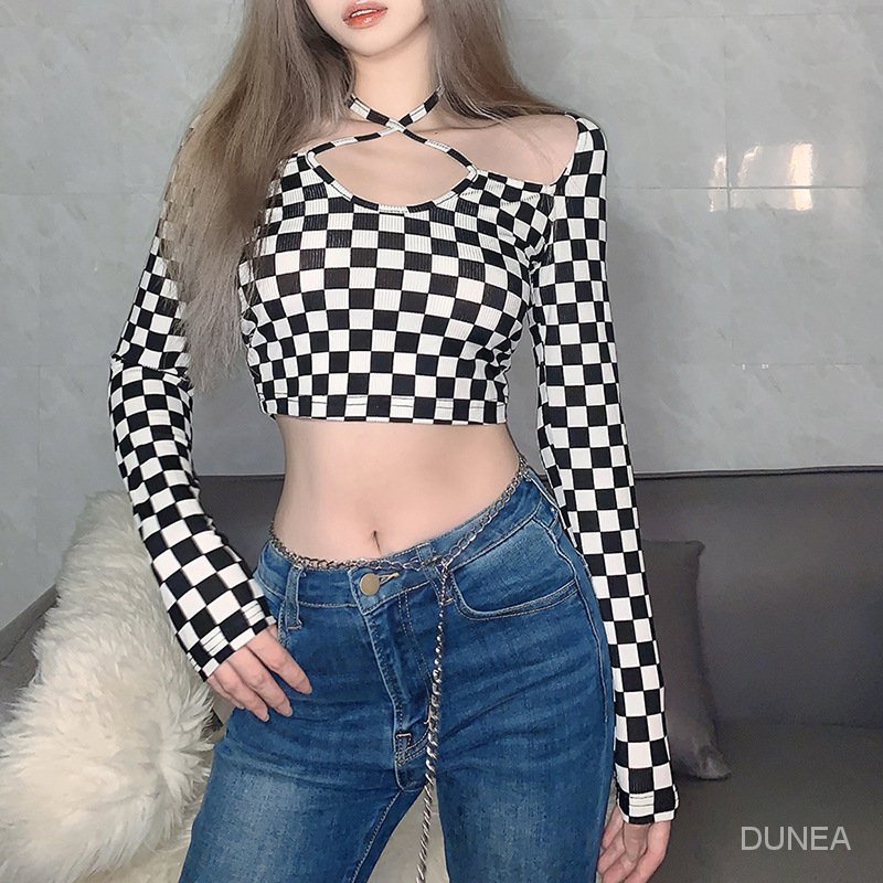 Áo Crop Top Kẻ Ca Rô Dạ Quang Dài Tay Gợi Cảm Cho Nữ xvl2