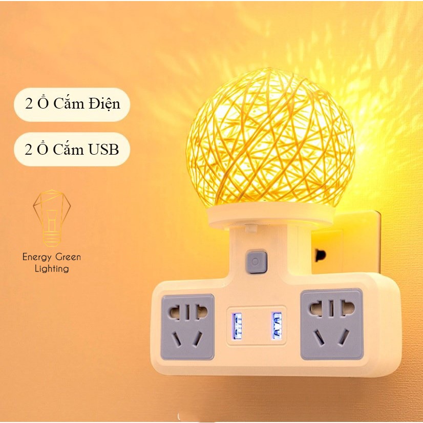 Ổ Cắm Điện Đa Năng - Đèn Ngủ Cầu Mây Energy Green Lighting - 2 Cổng USB , Ổ Chịu Tải 2500W, Chống Cháy Nổ