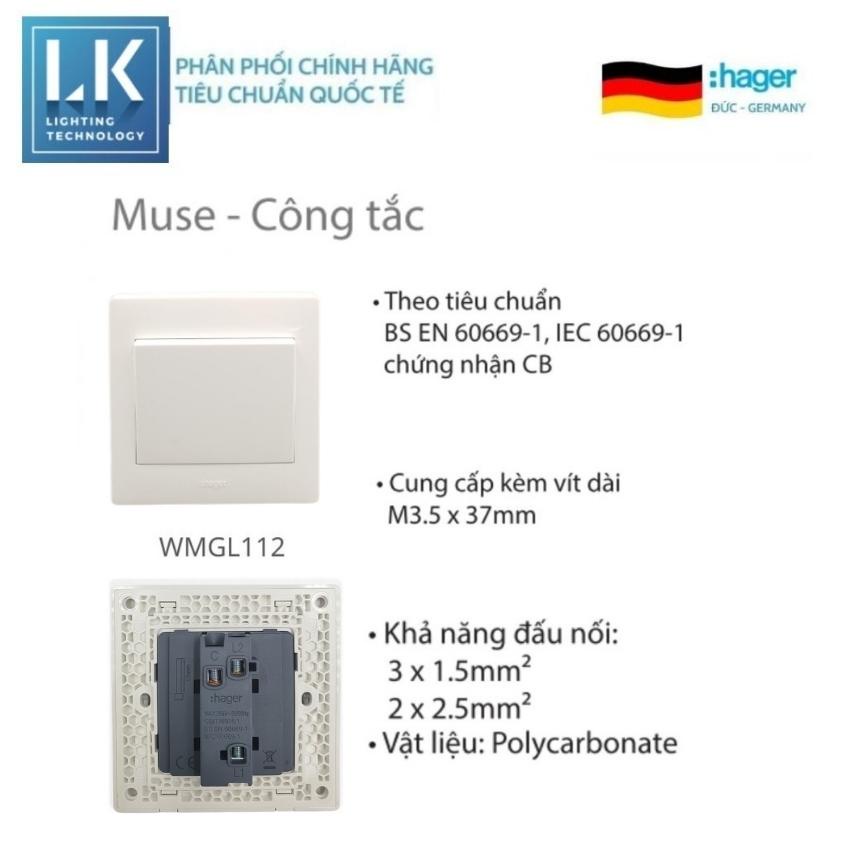 CÔNG TẮC ĐÈN 1 CỰC- Mặt 1 Công tắc nút bấm lớn - 2 Chiều - 16A, Hager - WGML112. LK Lighting phân phối chính hãng