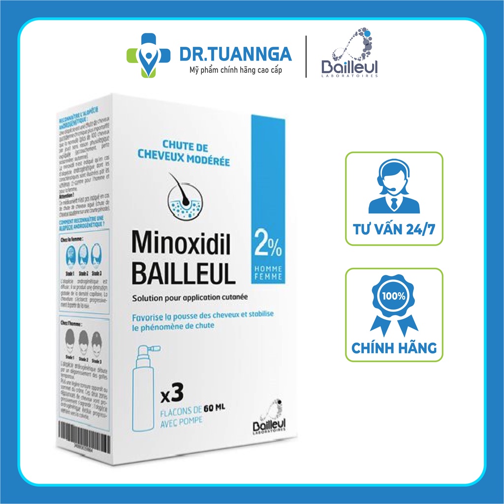 Xịt mọc tóc Minoxidil Bailleul 2% - Nhập khẩu Pháp - Hộp 3 lọ 60ml, date 2024
