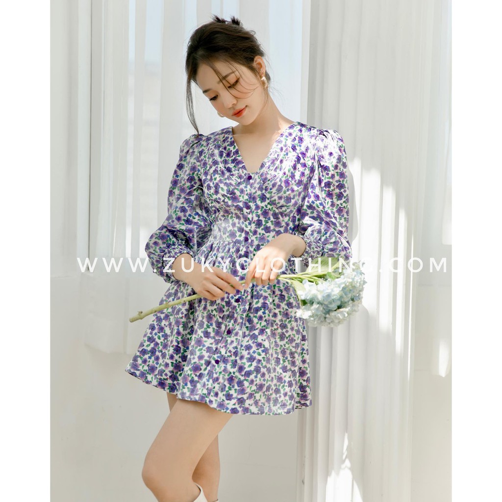 Zuky clothing - Đầm hoa xòe cổ Tim tay dài phù hợp đi chơi dạo phố