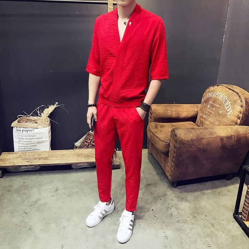 Set áo tay ngắn + quần dài thời trang mùa hè phong cách Hàn Quốc mới cho nam