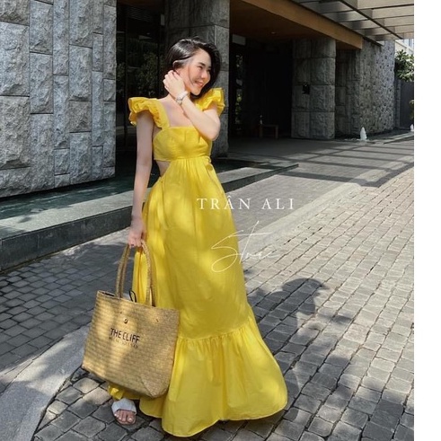 Váy maxi 2 dây dáng dài cúp ngực hở eo, đầm tay bèo dúm váy đuôi cá dây buộc lưng điệu đà