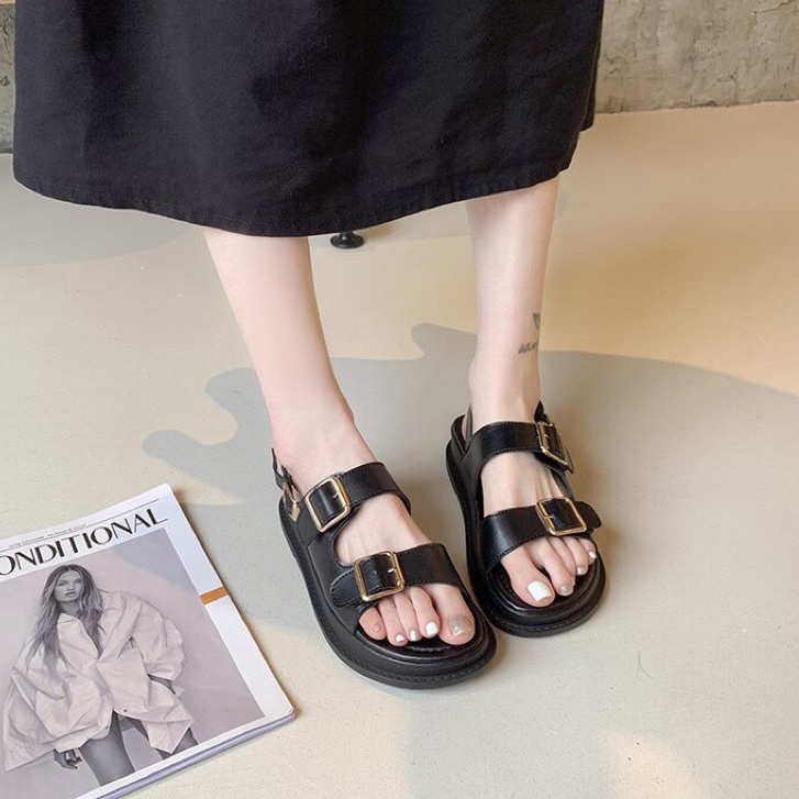 Về Hàng: Sandal 2 quai khóa vuông đế siêu nhẹ 3cm, sandal nữ đi học- dép bánh mì siêu nhẹ