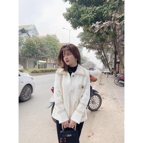 Áo khoác dạ len lông thỏ viền thừng