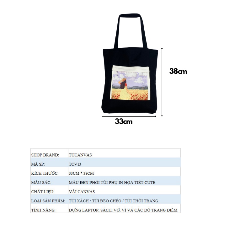 Túi đeo chéo canvas, túi tote đeo chéo nữ vải canvas màu đen in hình túi phụ ngoài TUCANVAS TCV13 | BigBuy360 - bigbuy360.vn