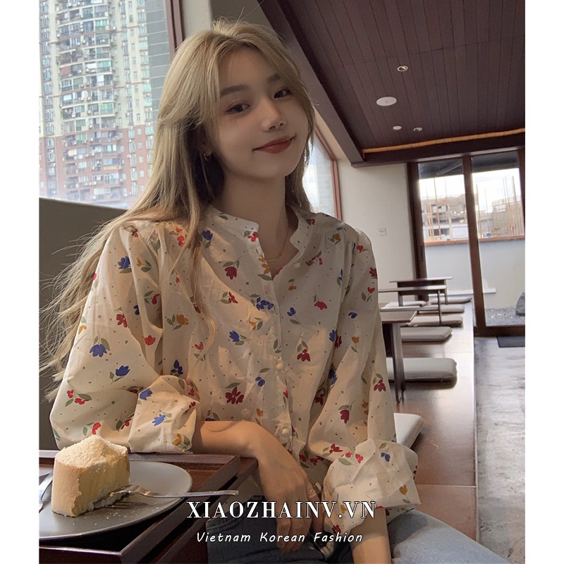 Xiaozhainv Áo sơ mi tay dài cổ đứng in hoa thời trang Hàn Quốc cho nữ