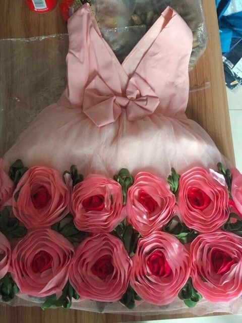 [Hình thật] Váy công chúa hoạ tiết hoa hồng 3d bồng bềnh