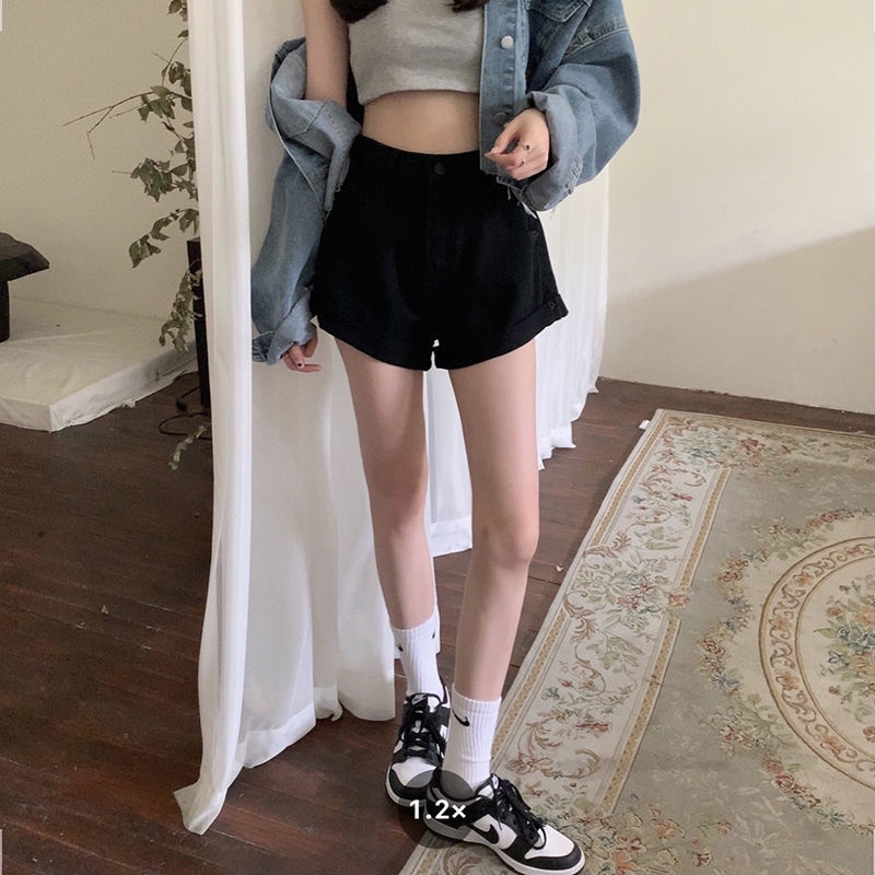 Quần Short Denim Đen Lưng Cao Viền Cong Thời Trang Mùa Hè Cho Nữ