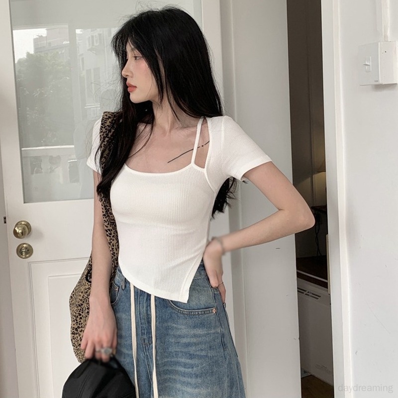 Áo Thun Croptop Tay Ngắn Cổ Vuông Màu Sắc Đơn Giản Cho Nữ