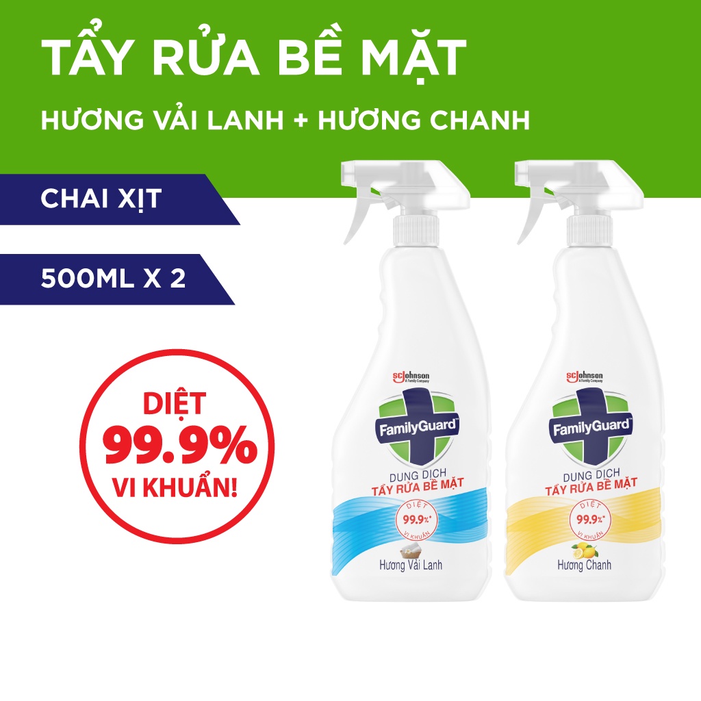 Bộ 2 Dung Dịch Tẩy Rửa Bề Mặt Family Guard Hương Vải Lanh &amp; Hương Chanh (500ML/Chai)