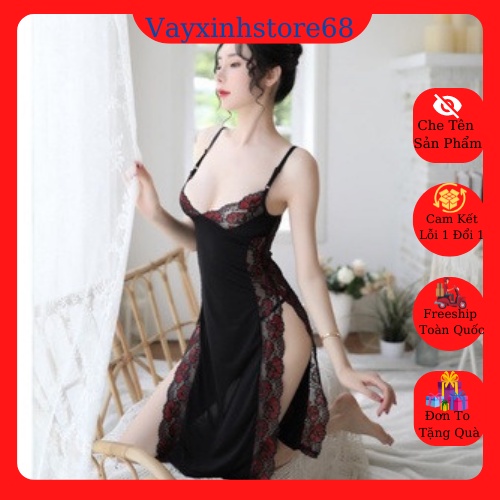 Váy Ngủ Sườn Xám Phối Viền Ren Hoa 5159 Quyến rũ
