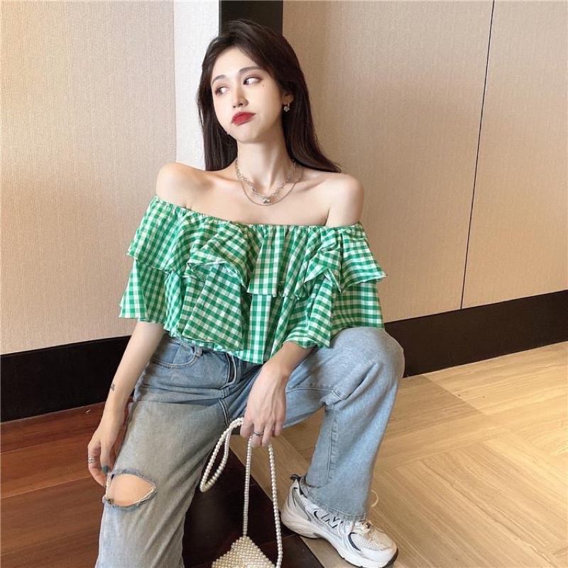 Áo Trễ Vai Sọc Caro Tiểu Thư Siêu Đẹp Mặc Được Nhiều kiểu