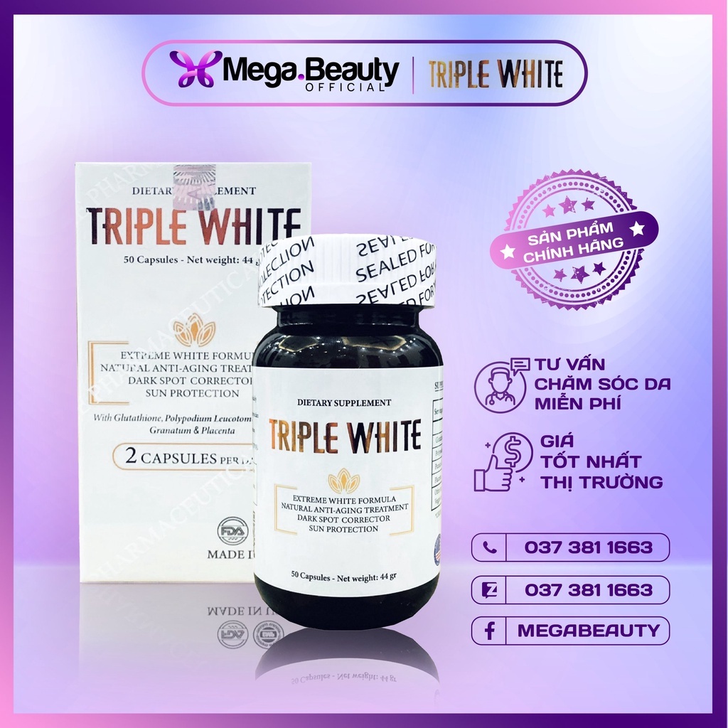 VIÊN UỐNG TRIPLE WHITE - VIÊN UỐNG GLUTATHION 1200MG TRẮNG DA, MỜ NÁM, GIẢM THÂM HỘP 50 VIÊN [CHÍNH HÃNG]