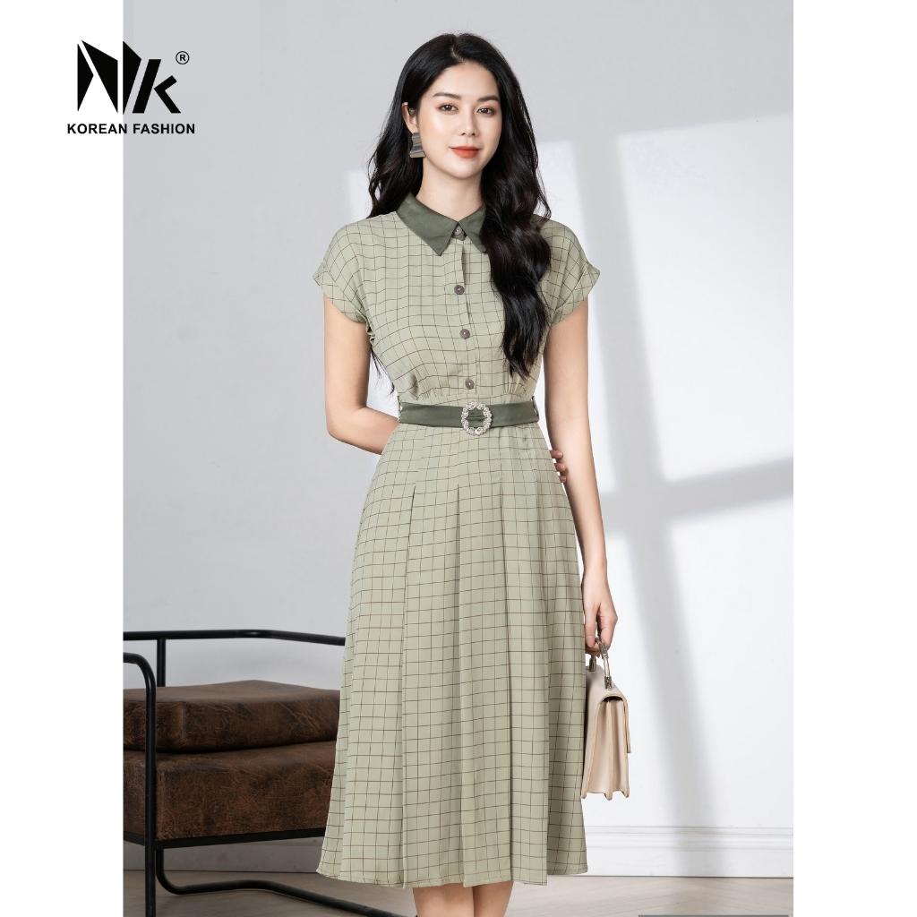 Đầm Họa Tiết Kẻ Nữ NK Fashion Thiết Kế Phong Cách Sang Trọng, Cổ Phối Màu Hiện Đại NKDV2203012