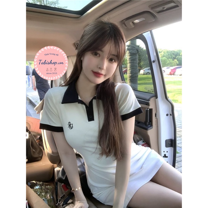 Váy polo nữ phối cổ TABISHOP váy body tay ngắn thêu chữ DK vải thun co giãn thoải mái