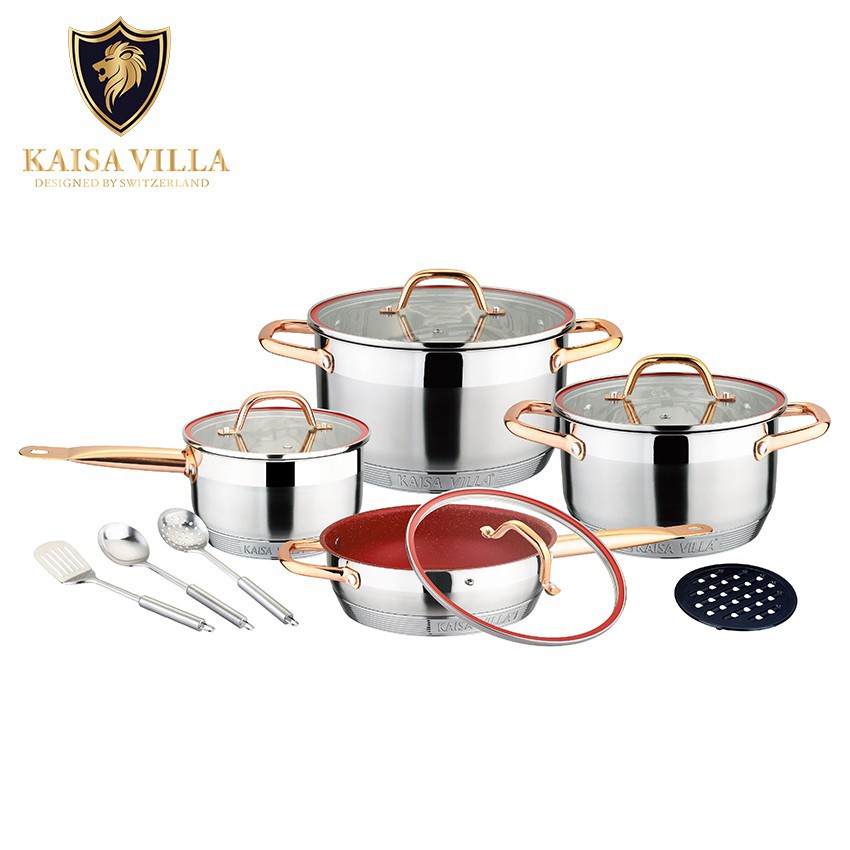 Bộ xoong nồi chảo inox chống dính 9 đáy 12 chi tiết nhập khẩu cao cấp. Bộ nồi inox cho bếp từ Kaisa Villa model KV-6636
