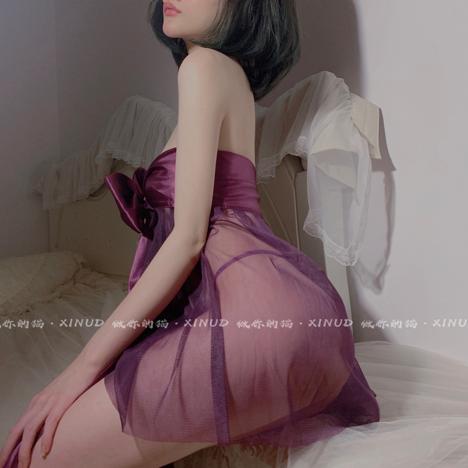 Set đầm ngủ phối lưới đính nơ + quần lót lọt khe quyến rũ cho nữ | BigBuy360 - bigbuy360.vn