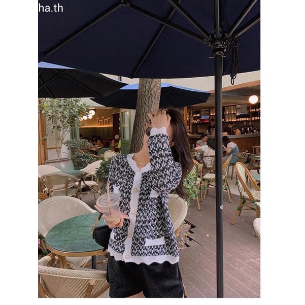 Áo Khoác Len Cadigan phối khuy ngọc, gấu lượn sóng siêu iêu