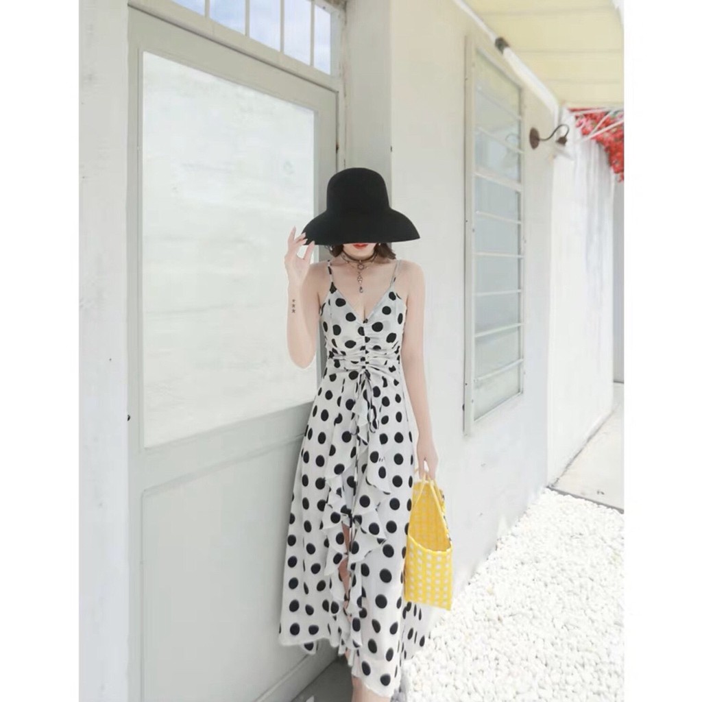Đầm Xòe Maxi Hai Dây Chấm Bi Rút Ngực Phối Bèo - DM014 | BigBuy360 - bigbuy360.vn