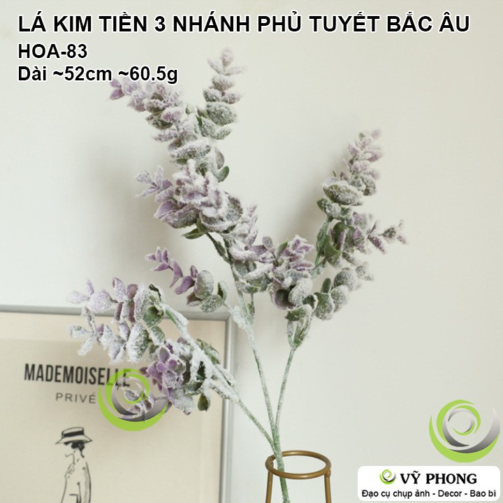 CÀNH LÁ KIM TIỀN 3 NHÁNH PHỦ TUYẾT BẮC ÂU TRANG TRÍ ĐÁM CƯỚI ĐẠO CỤ CHỤP ẢNH SẢN PHẨM INS HOA-83