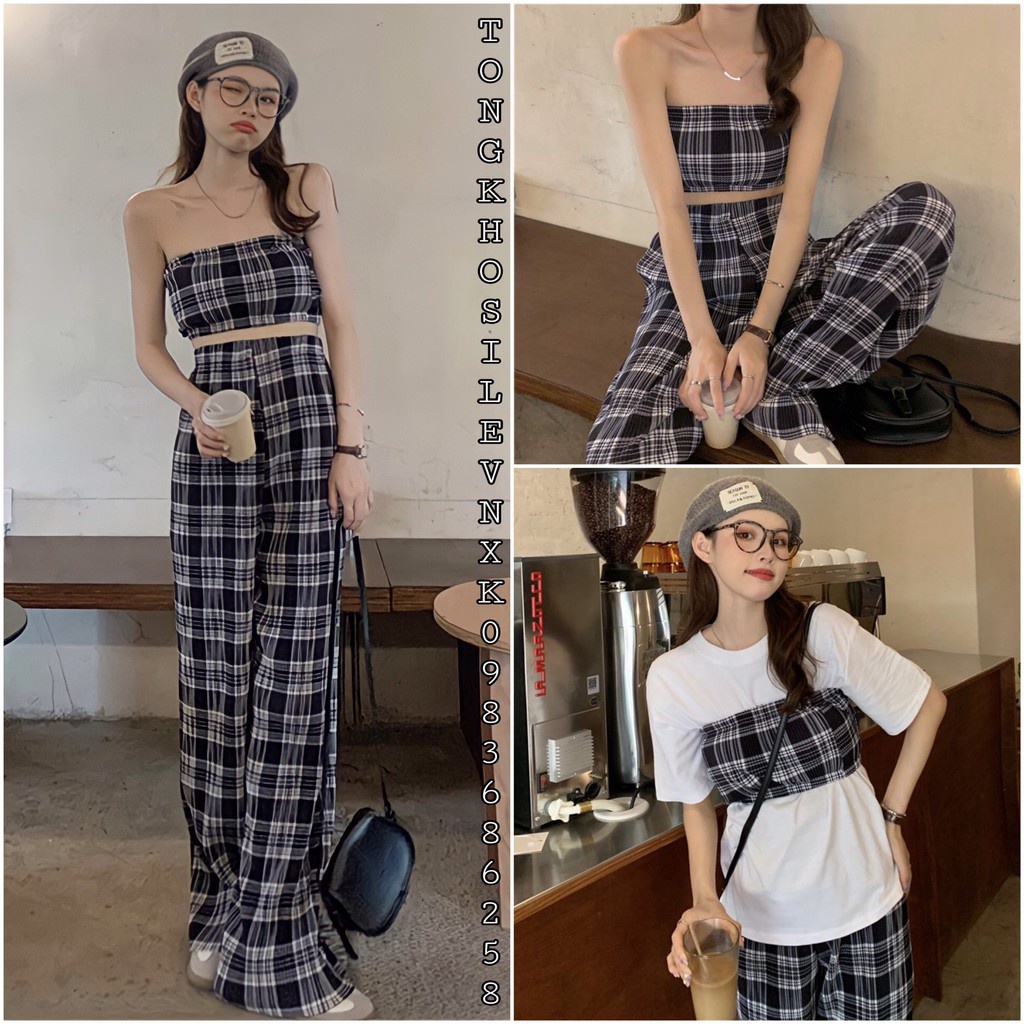 SET ÁO QUÂY CARO MIX QUẦN CULLOTES KẺ - SET 2 MÓN ÁO QUÂY KẺ + QUẦN CARO ỐNG RỘNG