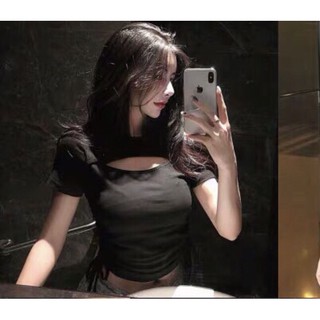 Km Áo thun lụa form croptop khoét ngực phối hai dây bên eo quyến rủ ttsl0077 đẹp
