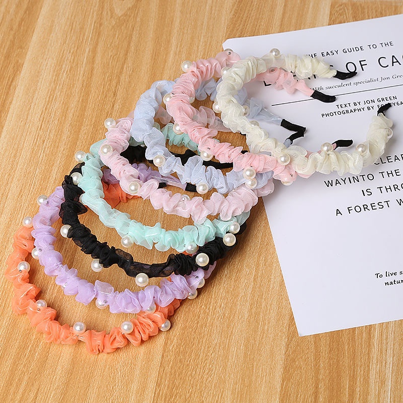 Băng Đô Chiffon Phối Ren Đính Ngọc Trai Dễ Thương Xinh Xắn