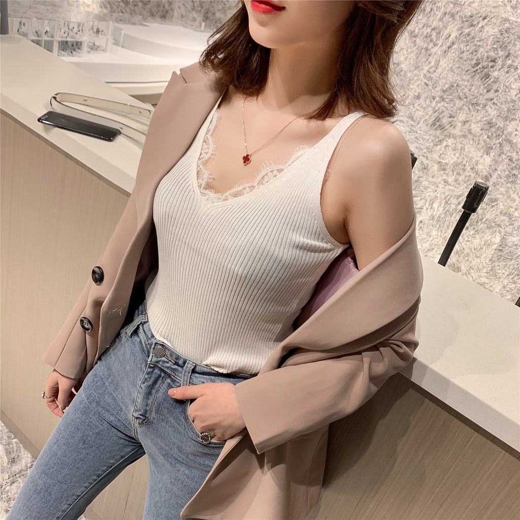 【ZHELIHANGFEI】 / Áo Hai Dây Dệt Kim Cổ Chữ V Màu Trơn Dáng Ôm Dễ Phối Đồ Cho Nữ