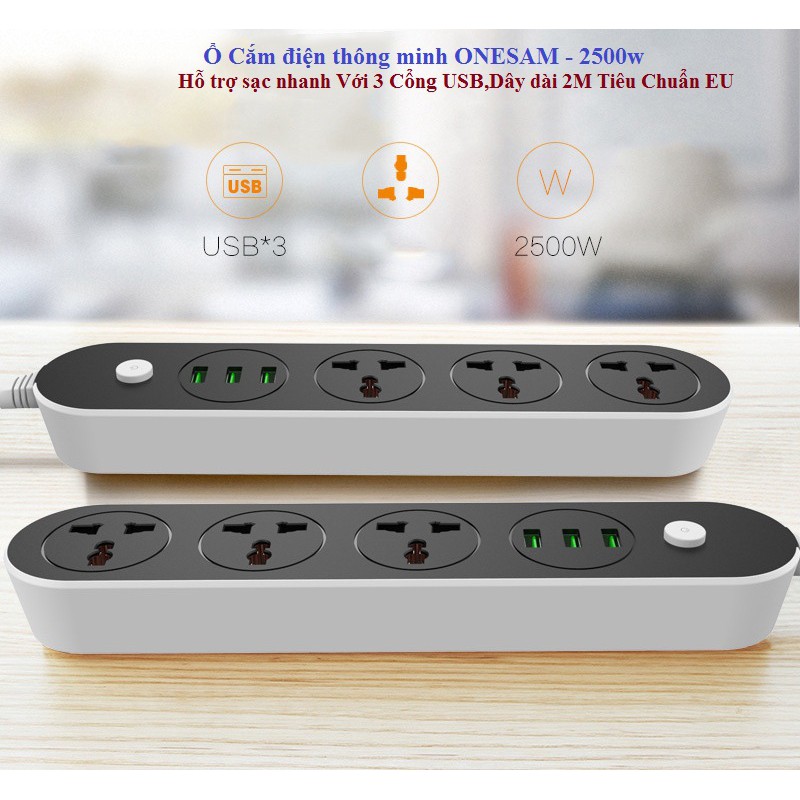 Ổ cắm điện,Ổ Cắm điện thông minh EU Hỗ trợ sạc nhanh 3.1A Với 4 Cổng USB,Dây dài 2M Tiêu Chuẩn EU