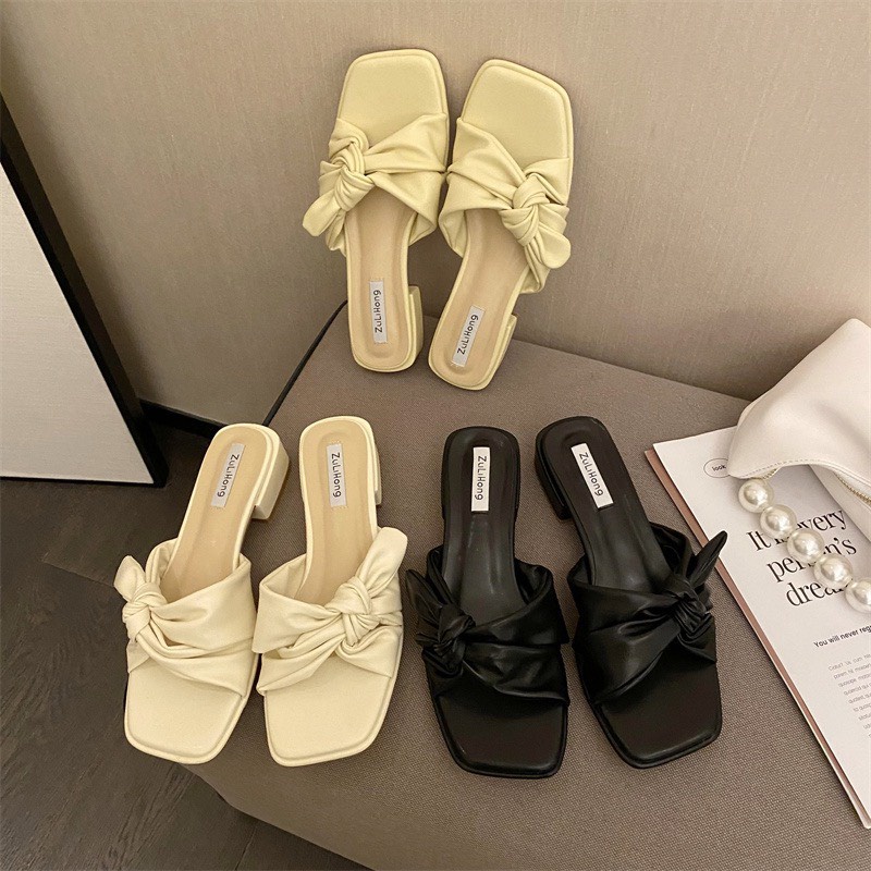 Guốc Nữ Đế Vuông Quai Ngang Nơ Da Mềm Cao Cấp QC Cao 3cm TRINH LÊ SHOP GIÀY DÉP