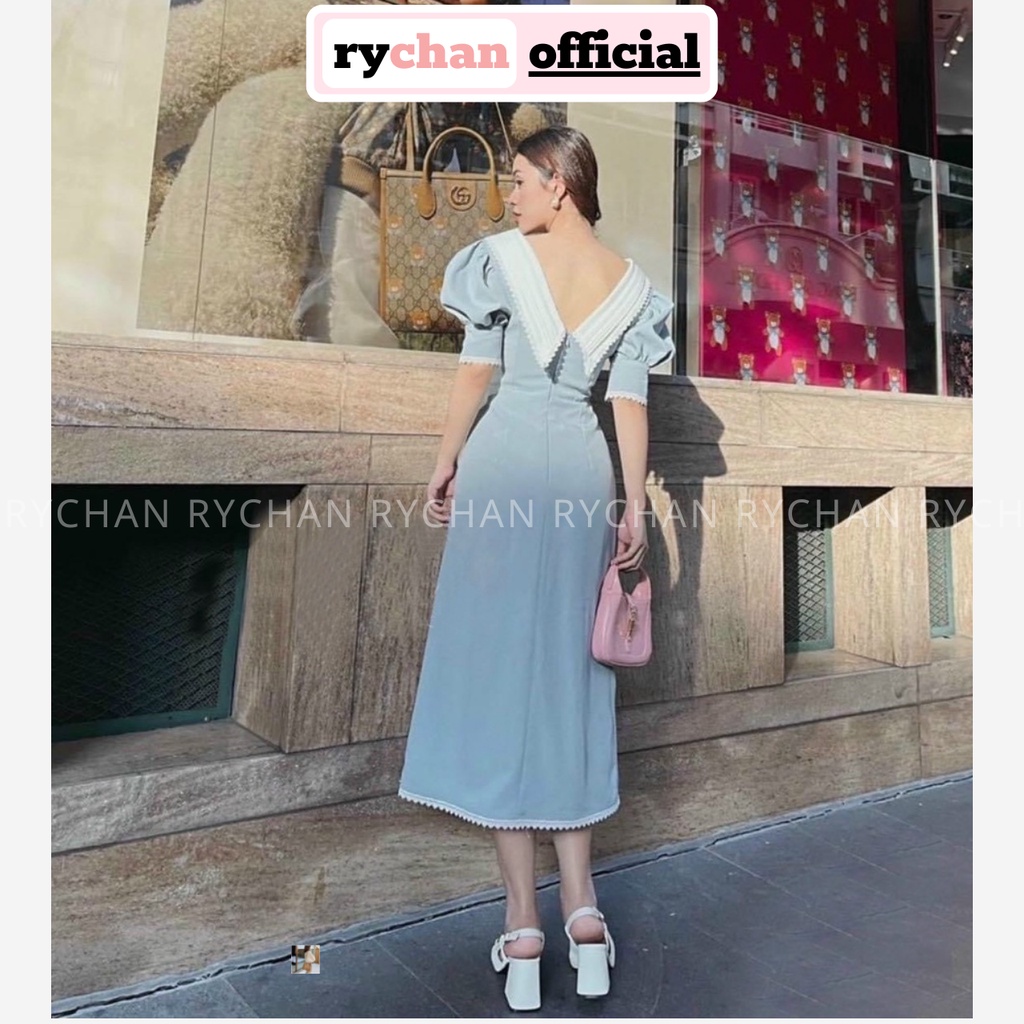 Đầm Xoè Midi Vintage Cổ Lá Tay Phồng, Đầm Công Sở Cổ Điển - DX0147