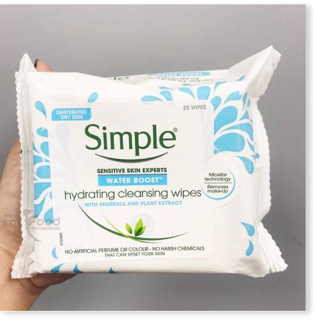 [Mã giảm giá] [Gói 25 Miếng] Khăn Giấy Tẩy Trang Simple Water Boost Hydrating Cleansing Wipes