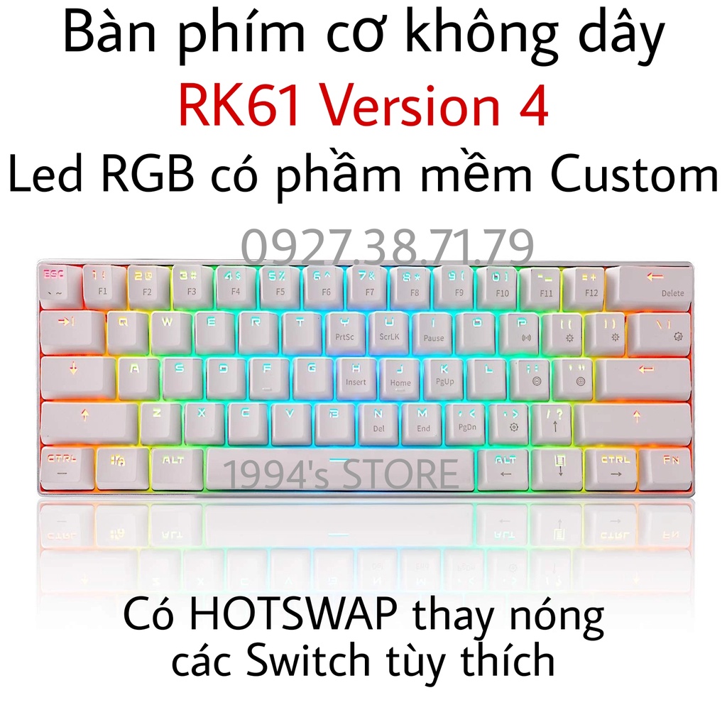 RK61 HOTSWAP - Bàn Phím Cơ Không Dây RK61 Version 4 - LED RGB Custom - Bluetooth 5.1 - Cáp Type C - Wireless 2.4G