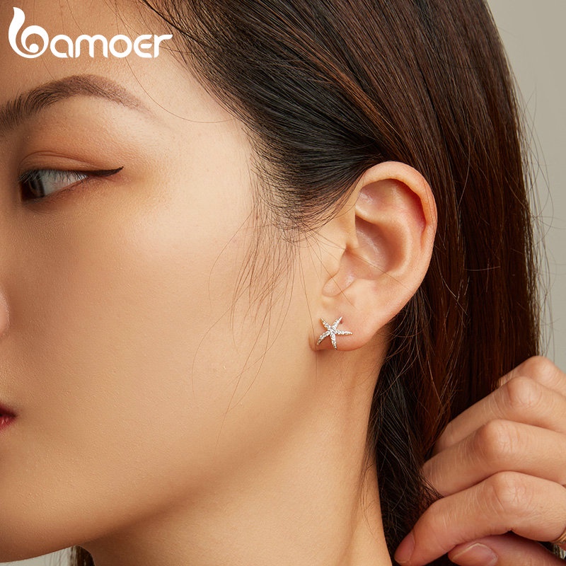 Khuyên tai BAMOER BSE679 bằng bạc 925 hình sao biển đính đá giả đơn giản thời trang cho nữ
