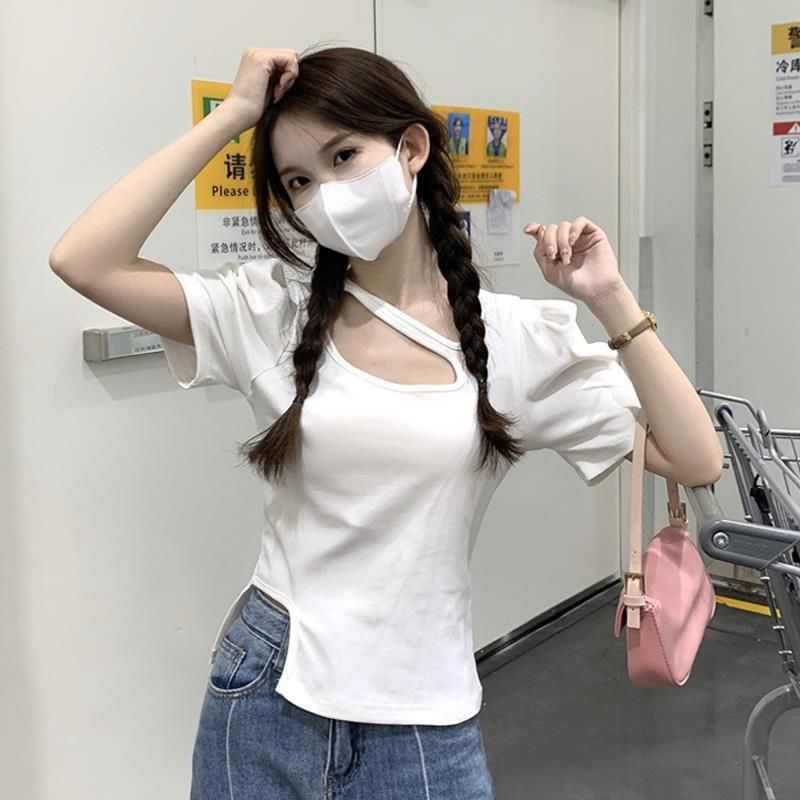 Áo Thun Tay Ngắn Màu Trắng Thiết Kế Không Đồng Đều Thời Trang Mùa Hè 2022 Mới Cho Nữ