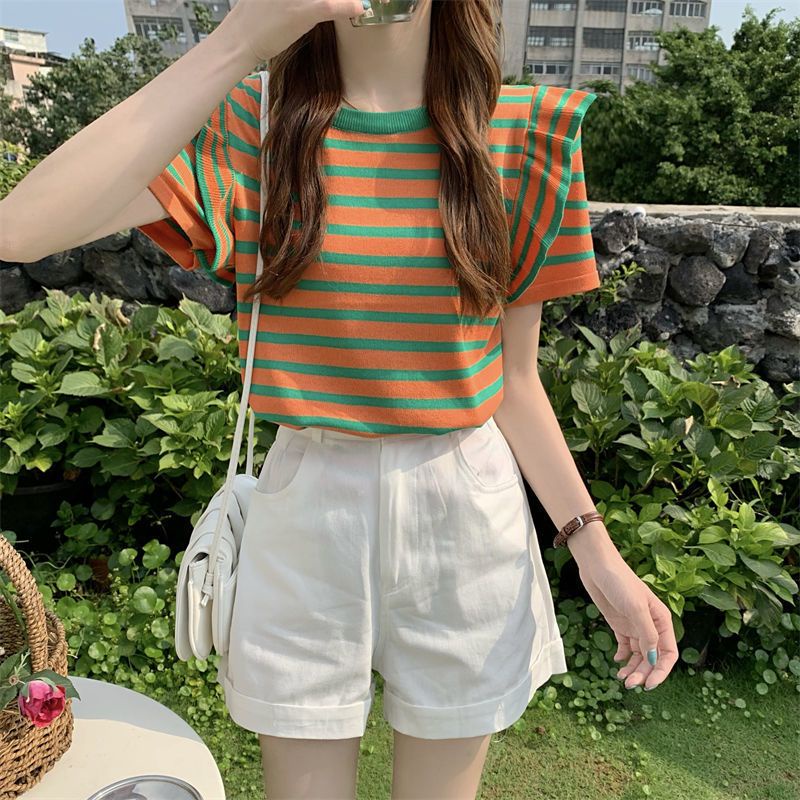 Áo Thun Tay Ngắn Cổ Tròn Họa Tiết Kẻ Sọc Thời Trang Mùa Hè Xinh Xắn Cho Nữ
